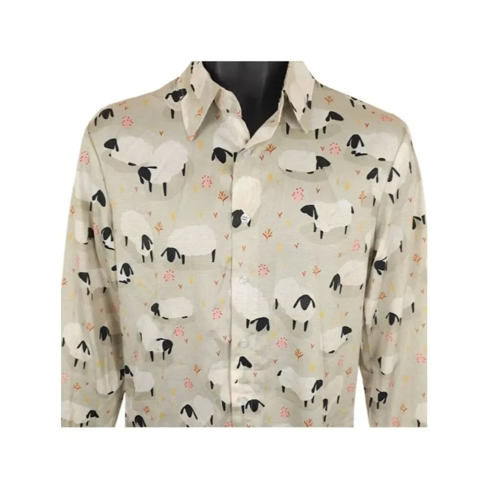 Sheep Casual Shirt Mens Size Small Green All Over Print Farm Animals